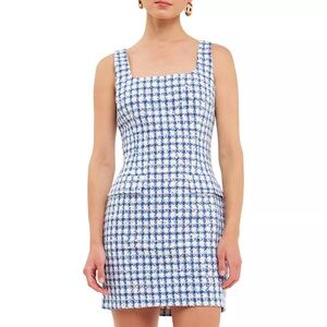 ENDLESS ROSE Blue Tweed Mini Dress Sleeveless Square Neck Preppy Chic S
